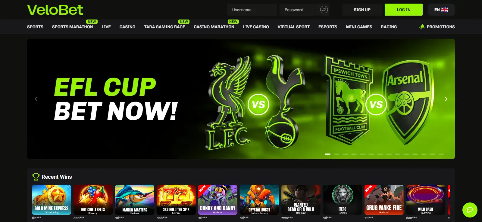 Current Velobet casino lobby or main product navigation