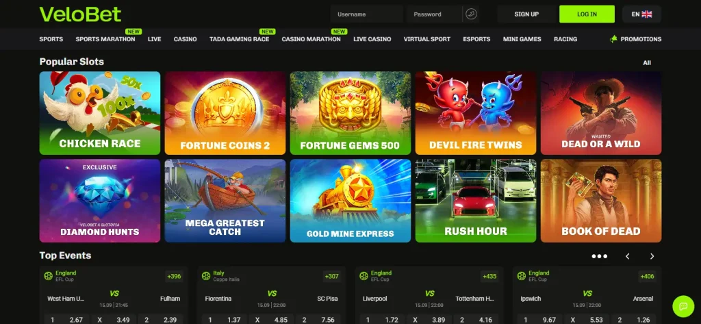 Velobet casino lobby with categories and provider filters