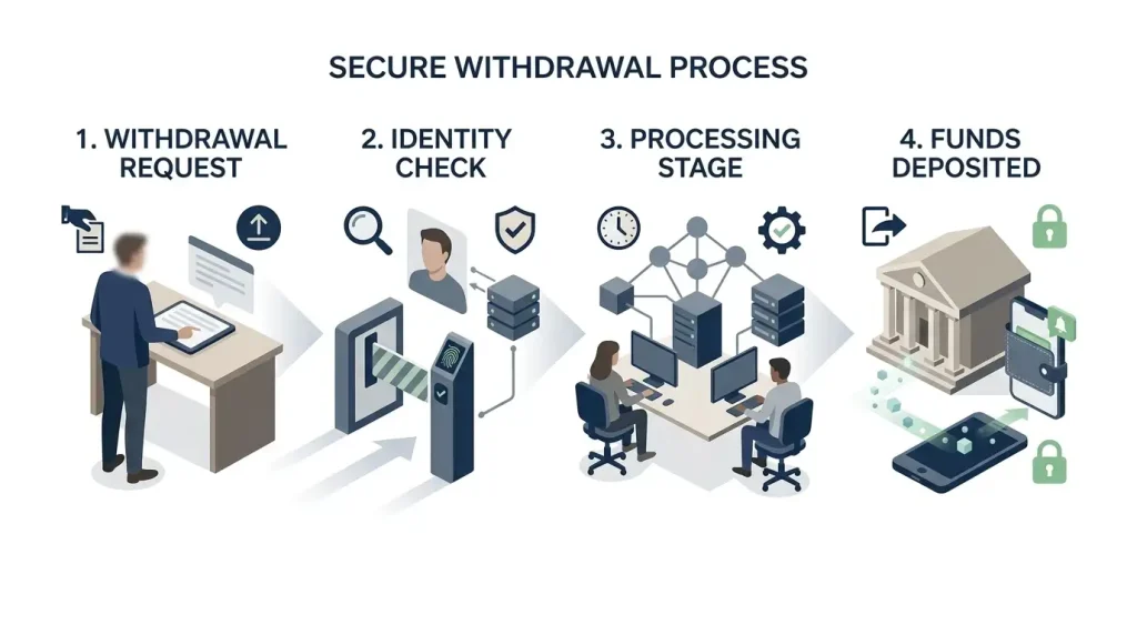Editorial diagram of the Velobet withdrawal process from request to settlement