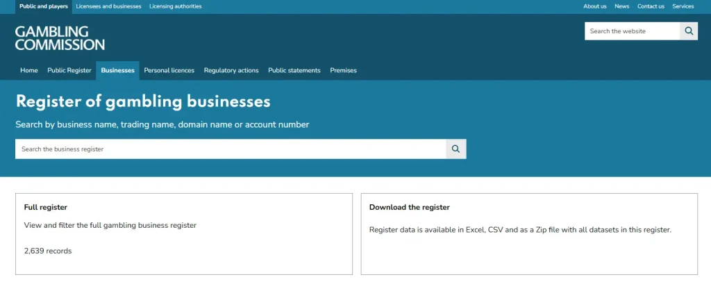 Gambling Commission public business register search used to check Velobet licensing