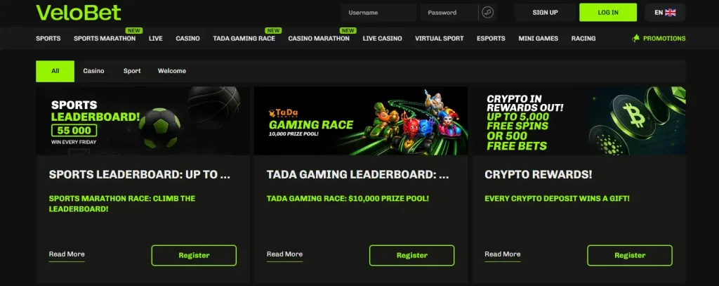 Current Velobet bonus and promotions screen