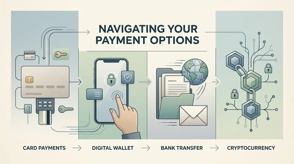 Editorial comparison of card, e-wallet, bank-transfer and cryptocurrency payment routes