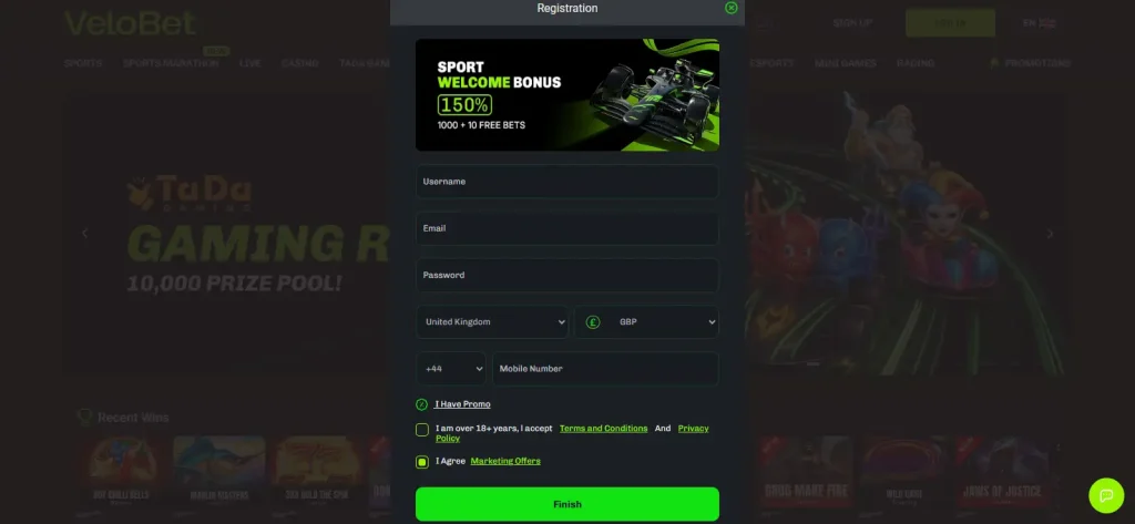Current Velobet account registration screen with no personal information entered