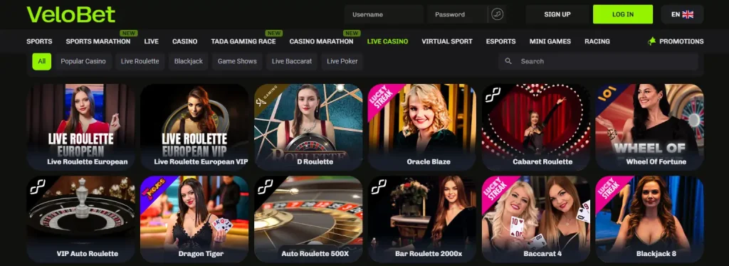 Current Velobet live casino lobby showing live-game navigation