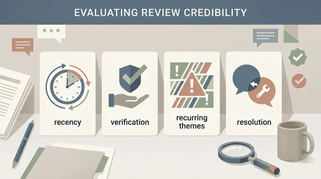 Editorial illustration of a review-analysis process using recency, verification, themes and resolution